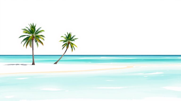 Een wit zandstrand met helder turquoise water en palmbomen