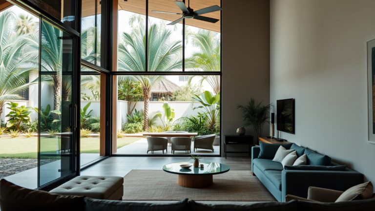 Moderne woonkamer met uitzicht op een tropische tuin