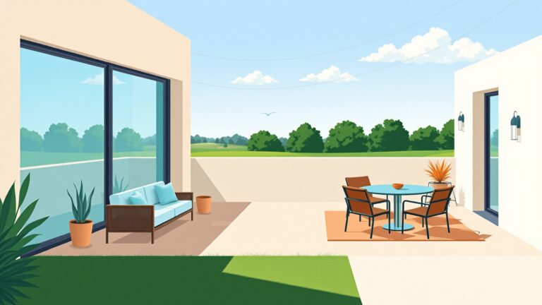 Een modern woonterras met buitenmeubilair en uitzicht op een groen gazon