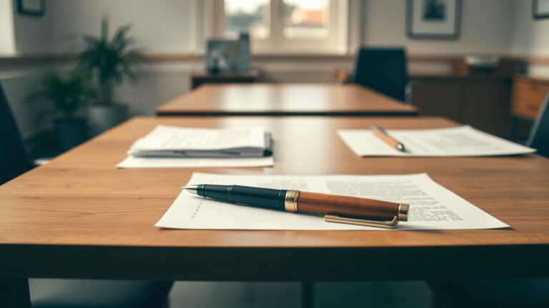 Een houten tafel met een vulpen en officiële documenten in een licht kantoor