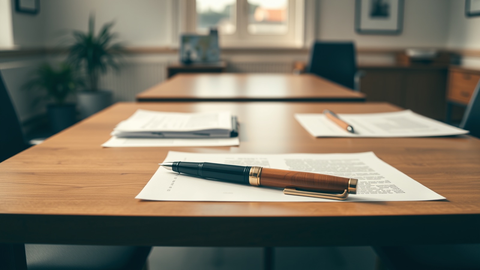 Een houten tafel met een vulpen en officiële documenten in een licht kantoor