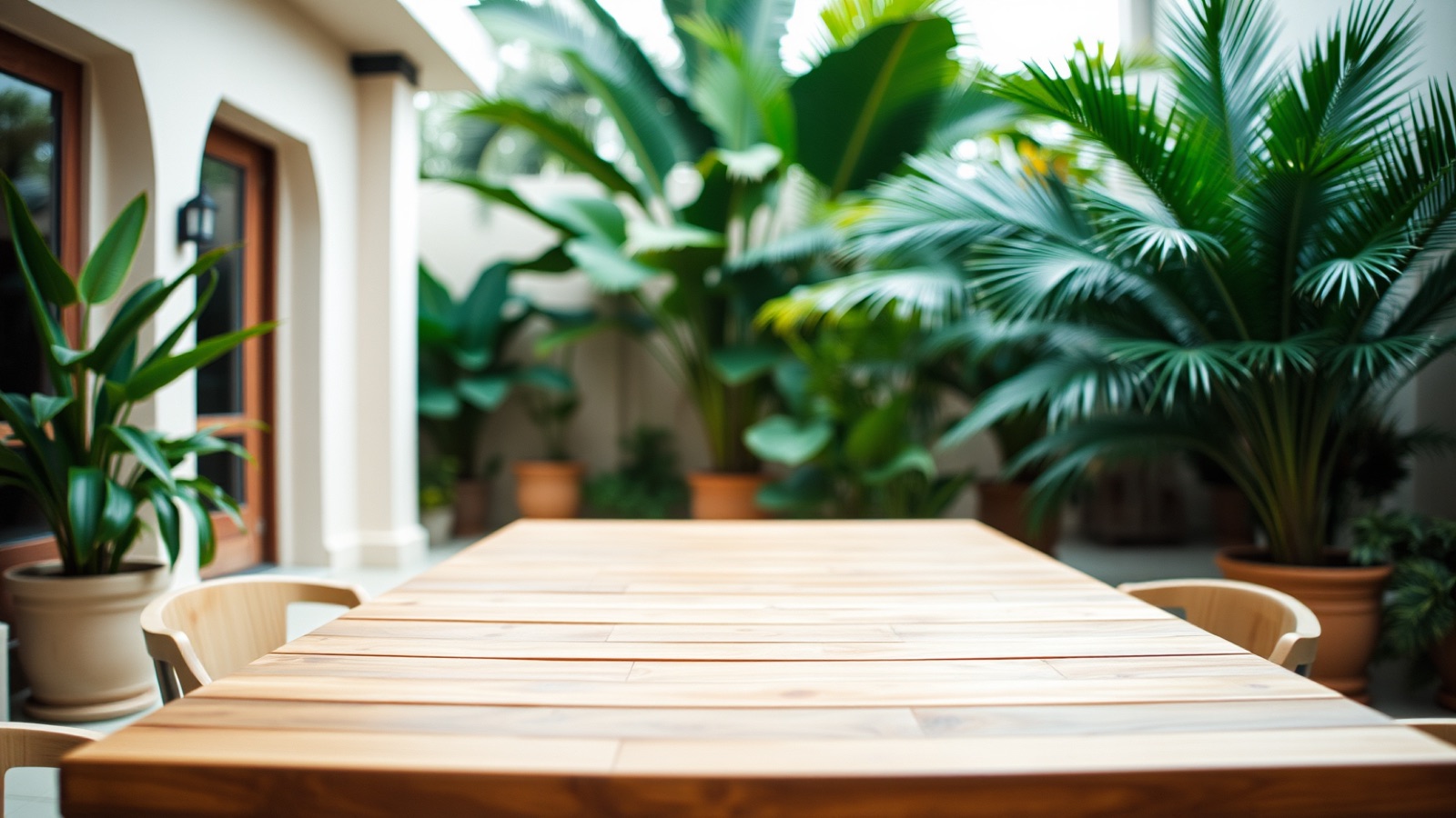 Een licht buitenterras met een houten tafel en tropische planten.