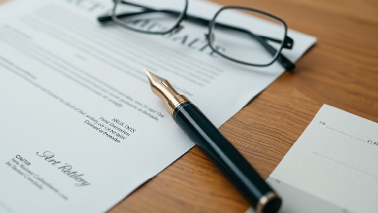 A legal document with a pen and glasses on a wooden table