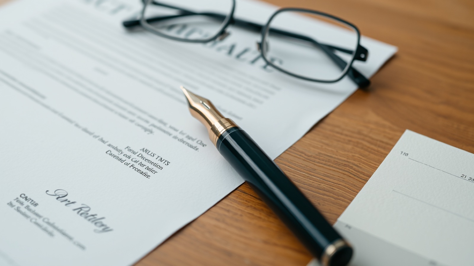 A legal document with a pen and glasses on a wooden table