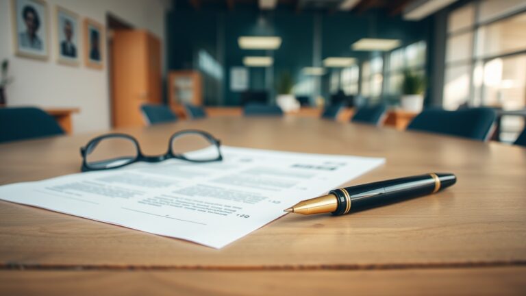 Officiële juridische documenten en een pen op een houten bureau in een kantoor