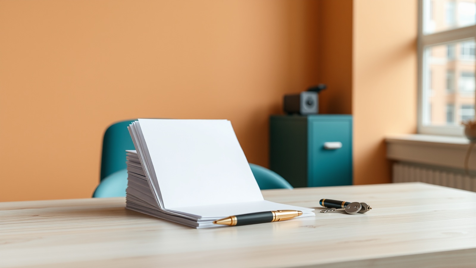 Bureau met blanco papier, een vulpen en een bos huissleutels