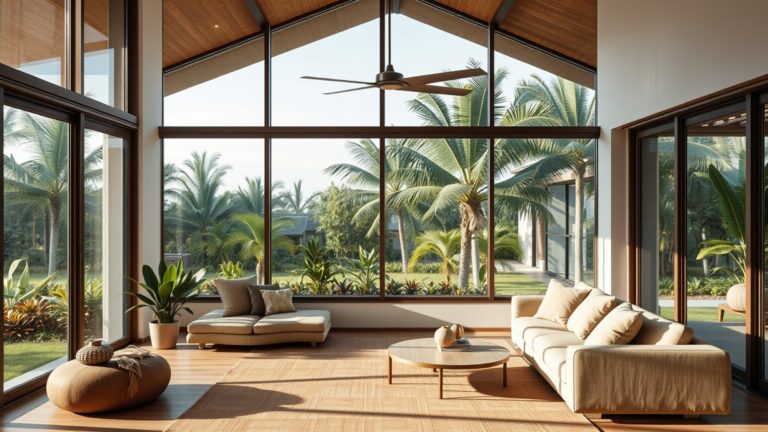 Modern interieur van een woning op Curaçao met uitzicht op groen