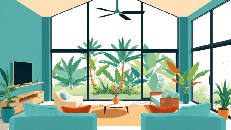 Moderne woonkamer met uitzicht op een groene tropische tuin