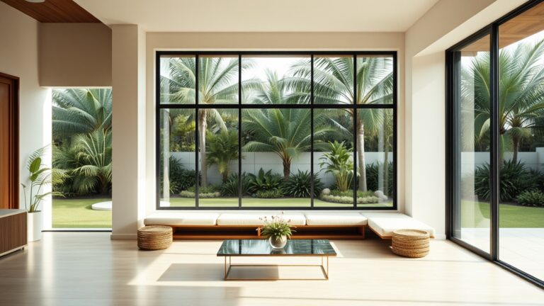 A modern living room interior with views of green plants and sunlight.