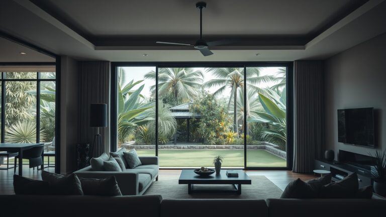 Modern woonkamerinterieur met uitzicht op een groene tropische tuin op Curaçao