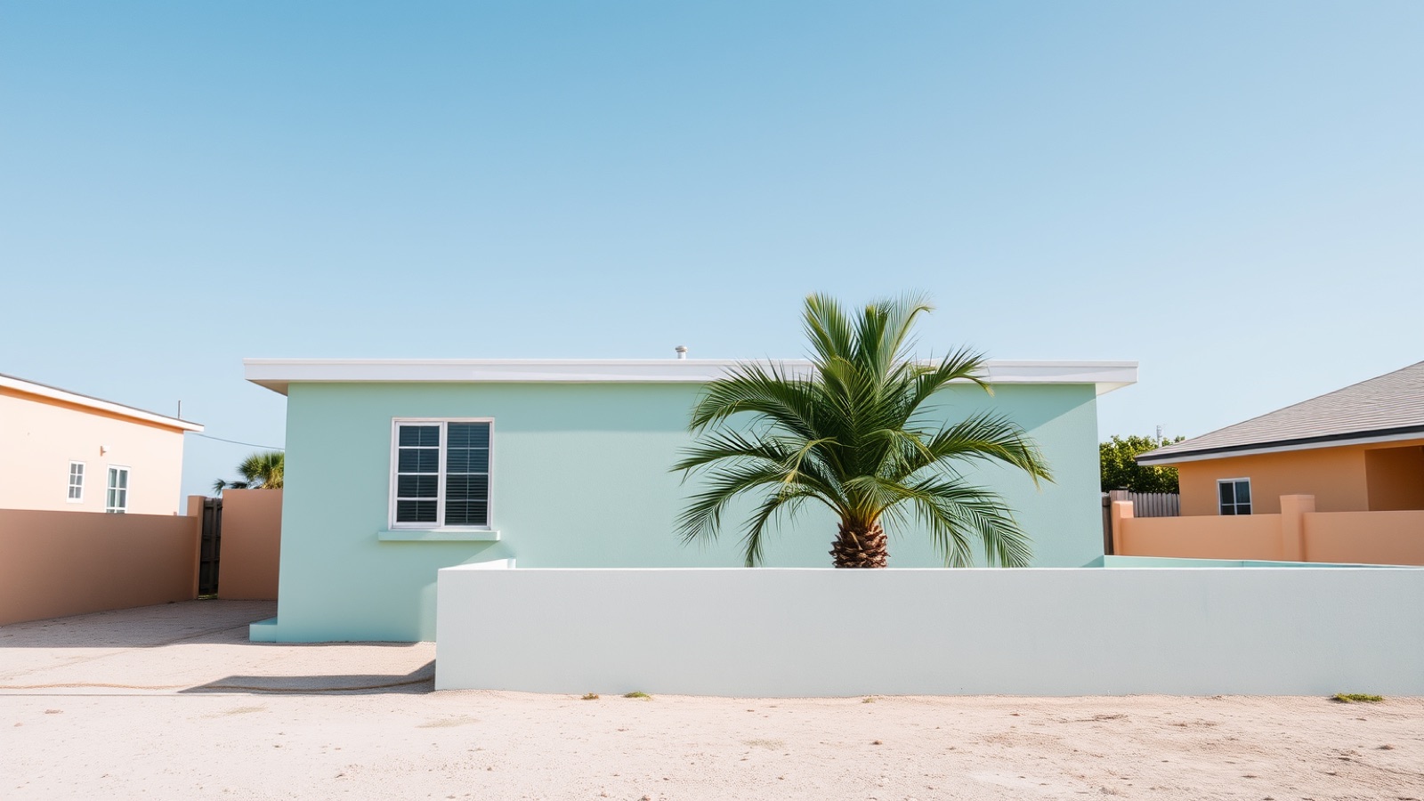 Gelijkvloerse woning met een pastelkleurige gevel, een tuinmuur en een palmboom