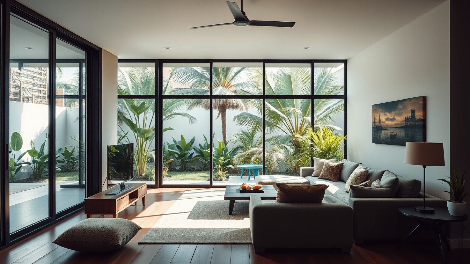 A bright, modern living room with views of a green tropical garden.