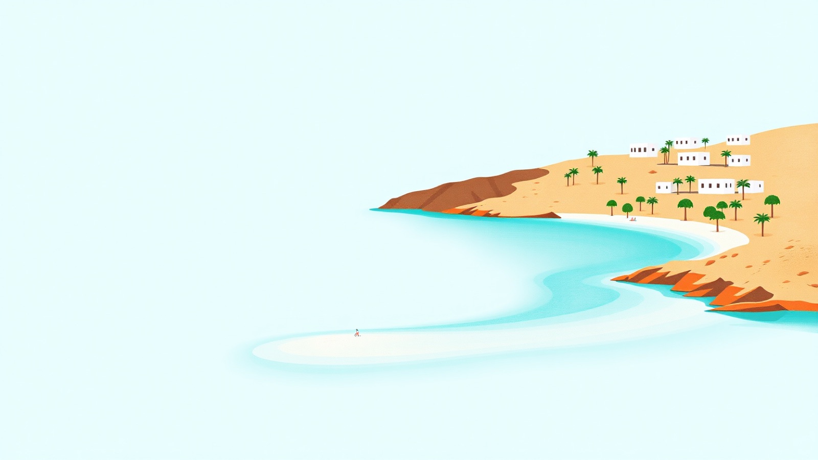 Illustratie van een turquoise baai met een strand en witte villa's op een heuvel