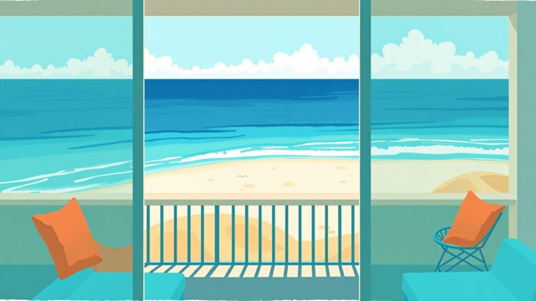 Modern balcony with a view of a tropical beach in Curaçao