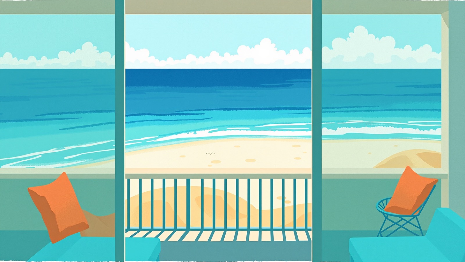 Modern balcony with a view of a tropical beach in Curaçao