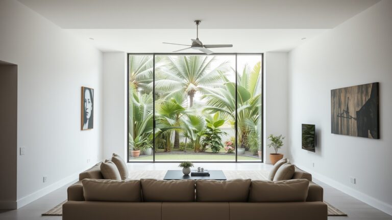A bright living room with a view of a tropical garden in Curaçao