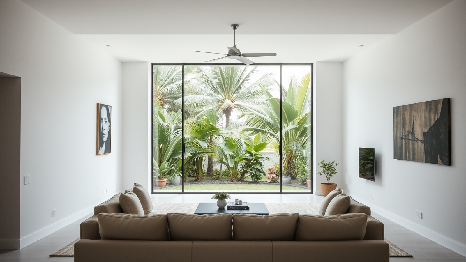 A bright living room with a view of a tropical garden in Curaçao