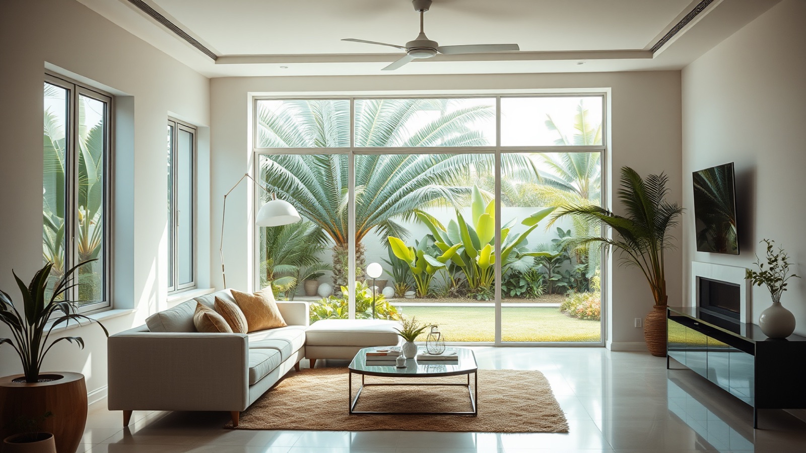 A bright living room with white walls and a view of a tropical garden