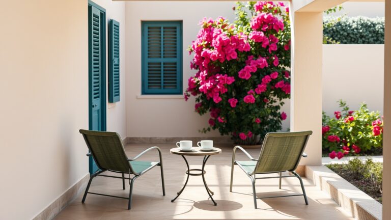Schaduwrijk terras met twee stoelen, koffiekopjes en bougainville
