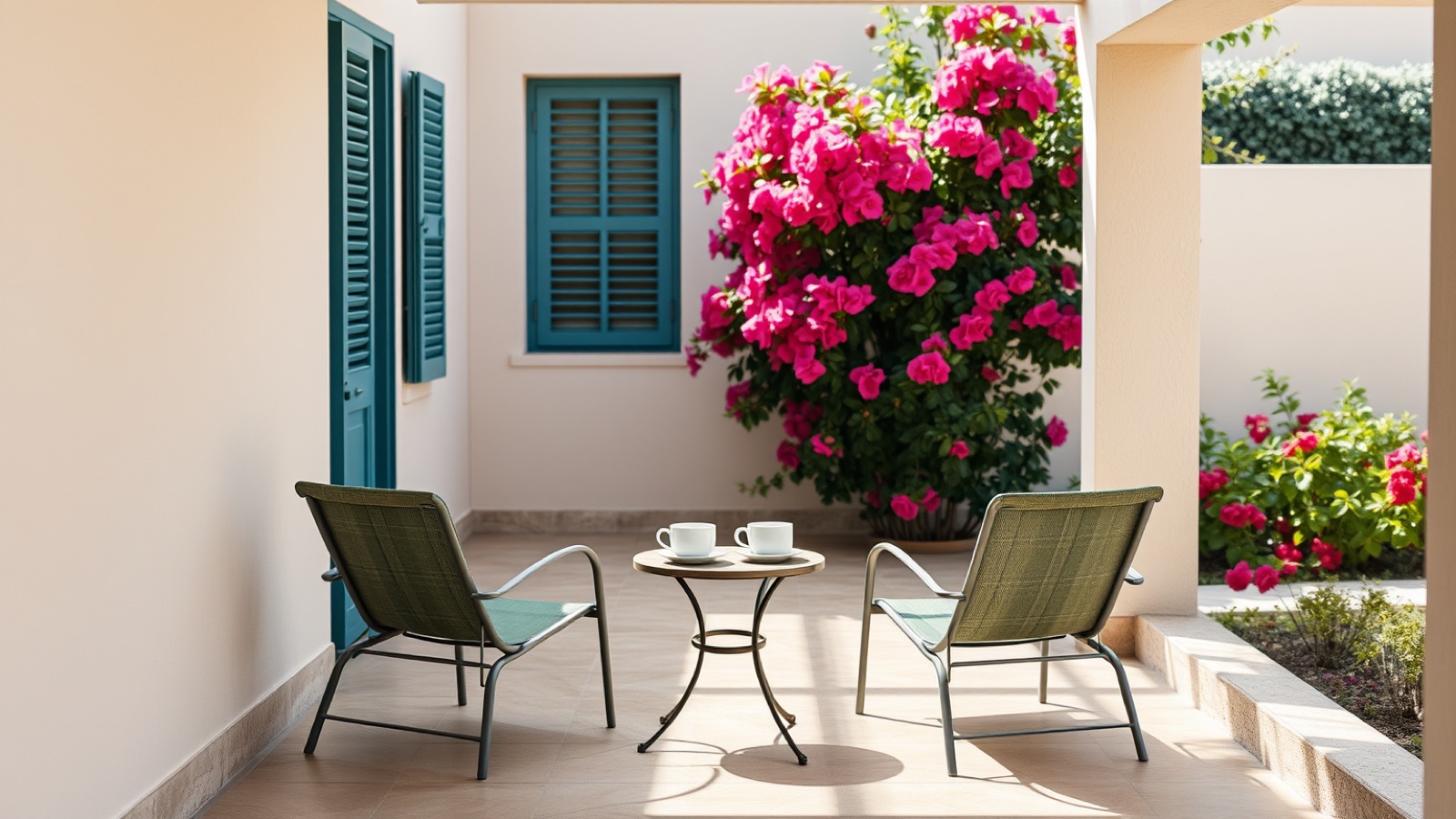 Schaduwrijk terras met twee stoelen, koffiekopjes en bougainville