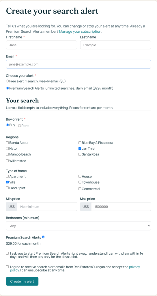 The search alert sign-up form with plan, buy or rent, regions, type, price and bedrooms