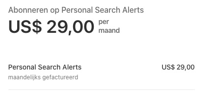 The Stripe checkout page for Premium Search Alerts, US$ 29 a month