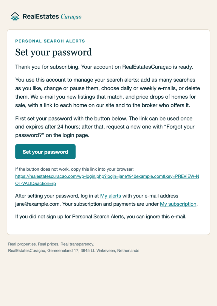 The e-mail Set your password for RealEstatesCuraçao