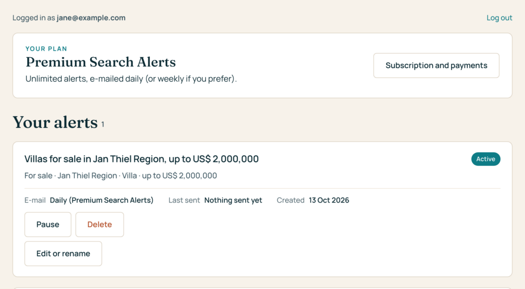 The My alerts page with a list of search alerts and their status
