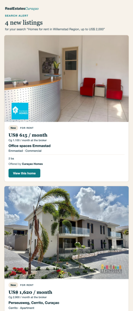 A search alert e-mail with new listings that match the search